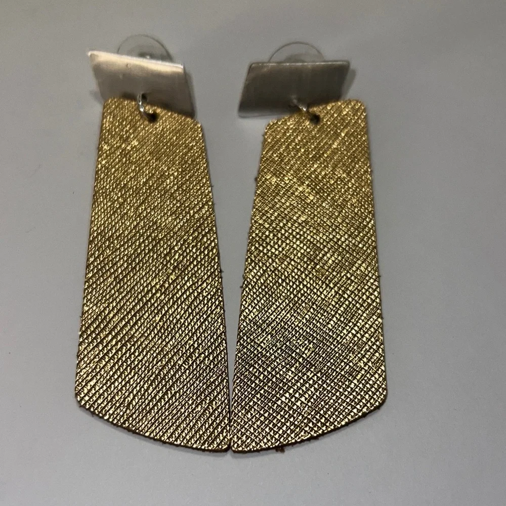 Silver Post with Gold Textured Dangle Lightweight Leather Earrings
